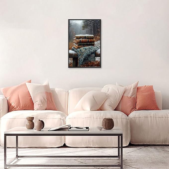 Vintage Books Winter Book Lover Art Aesthetic Poster Canvas Wall Art Decoration Living Room Home Decor Bedroom Decoration Poster black framed24x36inch