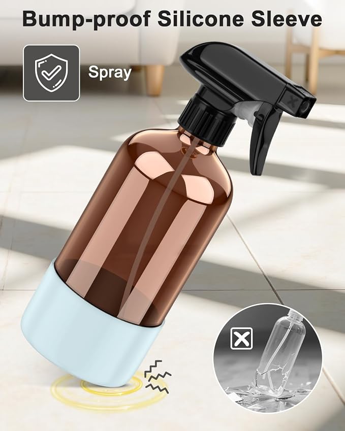 Bontip Amber Glass Spray Bottle with Silicone Sleeve Protection, 16 oz Refillable Spray Bottles for Cleaning Solutions, Plants, Aromatherapy, Facial Hydration (1, Blue, 16 oz)