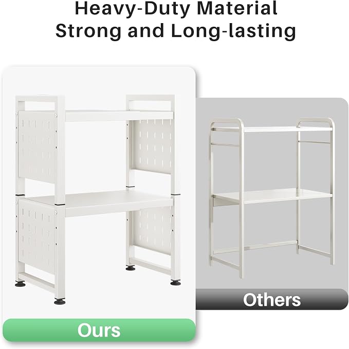Microwave Stand, 3-Tier Expandable(17.4"-27.4") Microwave Oven Rack, Heavy Duty Adjustable Shelf with 9 hooks, Kitchen Organizer Storage Shelves for Pantry, Countertop, Coffee Bar, Office, Dorm, White