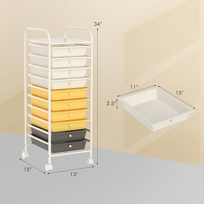 LDAILY 10-Drawer Rolling Storage Cart, Rolling Storage Cart, Storage Organizer on Wheels, Metal Frame, Scrapbook Paper Tools, Suitable for Office School, Classroom (Yellow, 10 Drawer)