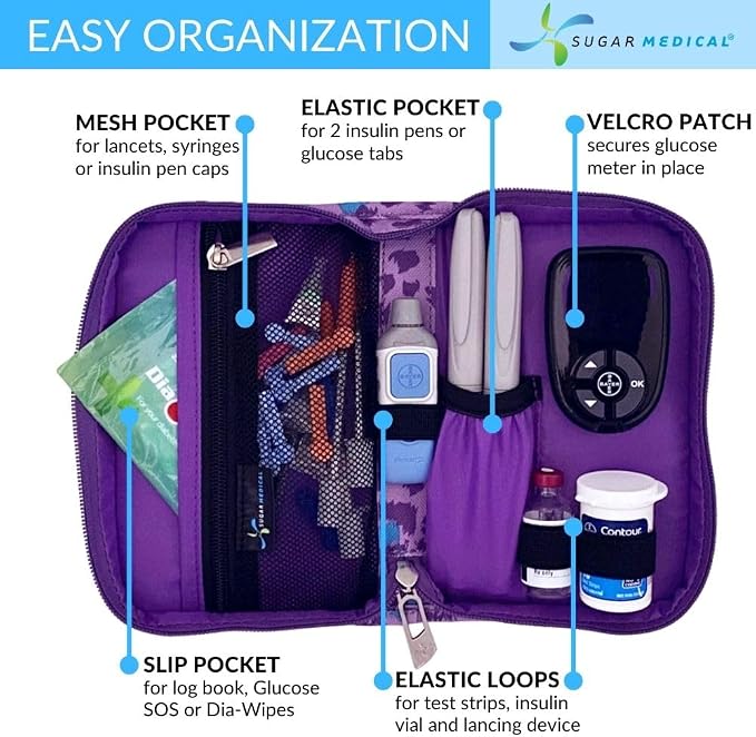Sugar Medical Diabetes Supply Case | Medical Supplies Travel Bag | Glucose Meter Organizer | Diabetic Care Products | Glucometer Kit (Purple Leopard)