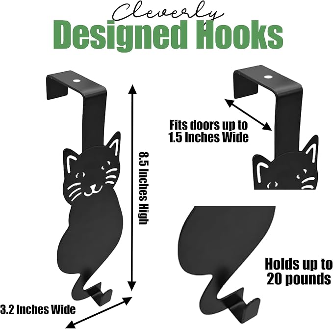 Evelots Over The Door Cat Hooks - 2 Pack - Strong Metal Kitty Decoration - Perfect for Coats, Handbags, Hats, Towels, Wreath Hanger Etc. - Hold up to 20 Pounds - Easy to Install - Rust Free