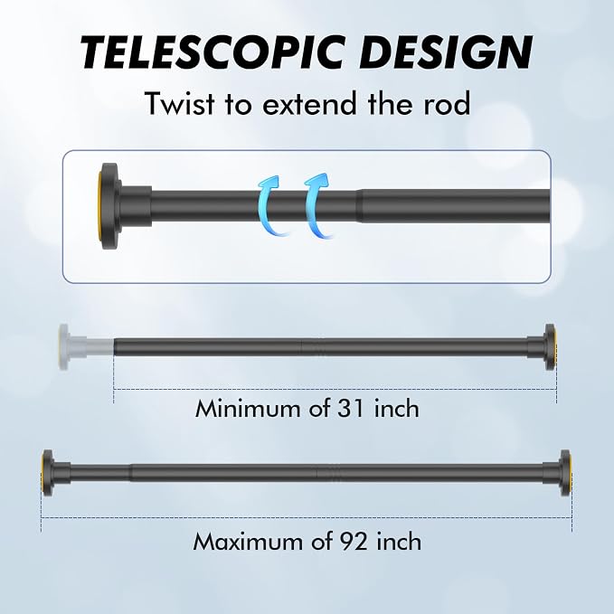 Black Shower Curtain Rod Tension 30 to 92 Inch,1 Inch Diameter Adjustable Tension Curtain Rod No Drilling,Shower Rods for Bathroom,No Rust