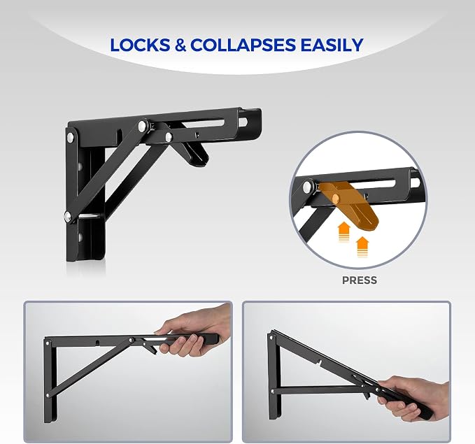 Ravinte Matte Black Folding Shelf Brackets, 10 Inch, 6 Pack | Collapsible Bracket Design, Table And Bench Support, Space-Saving Shelf Setup, For Worktops, Laundry Rooms, Garage Projects