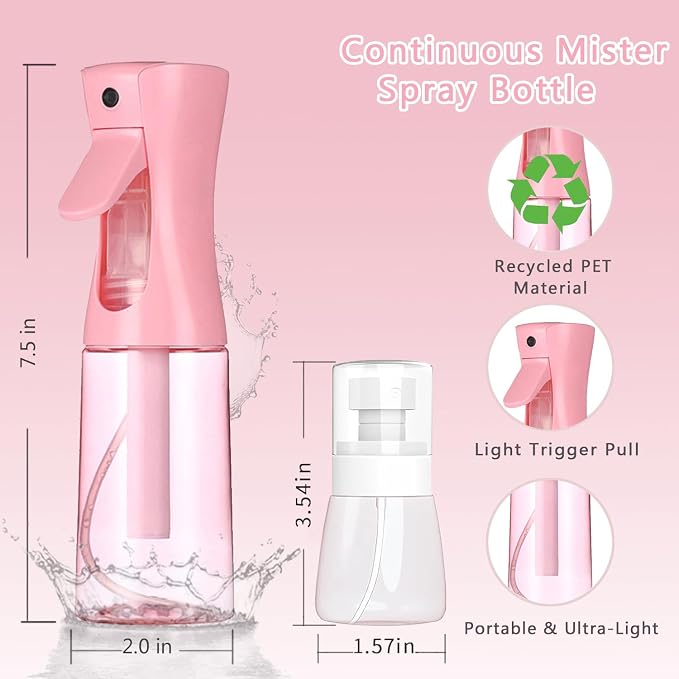 3 Pack Spray Bottles, 2-Pack Continuous Spray Bottles,Fine Water Mist Spray Bottles for Hair 6.8 OZ (200 ML) and 1oz 30ml Travel Spray Bottle Mister for Cleaning,Hairstyling,Plants,Barbers,Pink