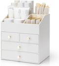 VLANDO Makeup Organizer,Vanity Organizer with Drawers, PU Leather Skincare Organizer Perfume Organizer,Large Cosmetic Display Case for Lipstick,Brushes Gifts for Women, White, 4 Layer