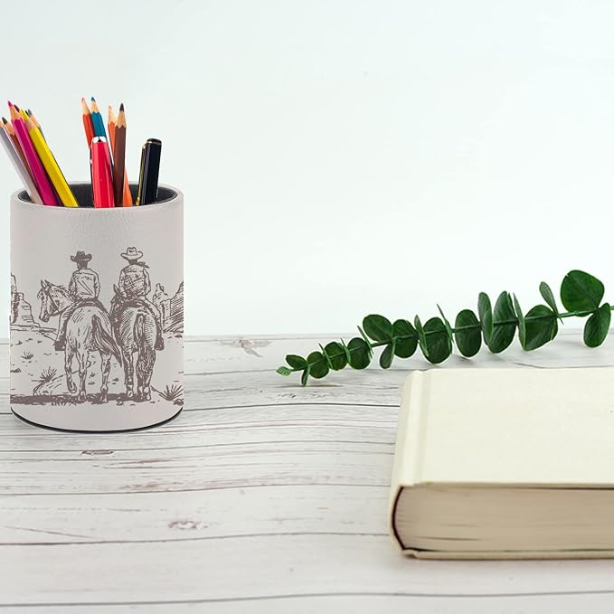 Western Desert Cowboy Pen Holder Pencil Cup for Desk Organizer | Cute Makeup Brush Holder PU Multifunctional Office Suppliesfor Decor Home Classroom School