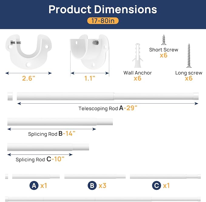 ENJOYBASICS Closet Rods for Hanging Clothes, 17 to 80 Inches Stepless Adjustable Closet Pole, 1.3 Inches Heavy Duty Clothes Rod for Wardrobes, Bathroom, Laundry and Windows, White