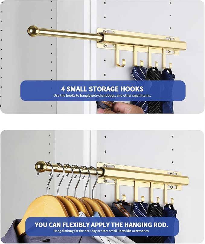BaiNong Valet Rod for Closets Pull Out 12" Gold with 4 Hooks (2Pack) | Closet Valet Rod Slide Out for Closets, Laundry Rooms, RVs Space-Saving