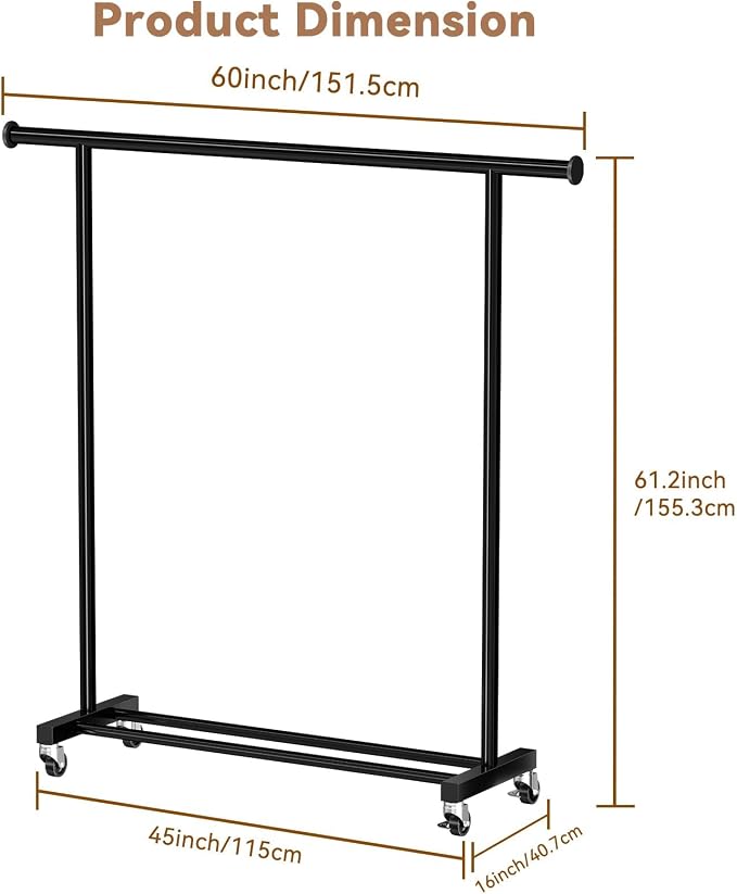Standard Clothes Rack, Rolling 60“L Clothing Garment Rack with Wheels for Hanging Clothes, Portable Wardrobe Rack for Bedroom, Laundry Room, Black