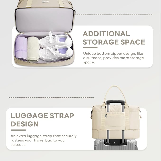 TANTOMI Travel Duffle Bag for Women Personal Item Travel Bag with Shoes Compartment, Weekender Overnight Bag Carry On Duffle Bag Tote Gym Bag for Travel, Sports, Hospital, Dance, Beige