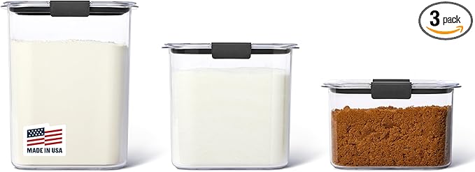 Rubbermaid Brilliance Plastic Food Storage Pantry Baking Set, 3 Containers with Lids (6 Pieces Total), BPA-Free, Clear