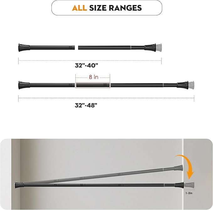 No Drilling Closet Rods for Hanging Clothes, Adjustable 32-48 in | Heavy Duty, Black, Metal, 1.1 Inch Diameter, Suitable for Closet, Wardrobe, Laundry, RV