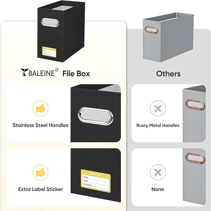 BALEINE File Organizer Box, Cardboard File Folder Organizer with Handle for Letter Size, Portable Collapsible Hanging Filing Box for Home Office Document Storage (8 Pack, Black)
