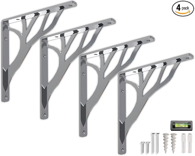 Rustic Tree Chrome Heavy Duty Shelf Brackets 8 inch by Balin Designs, Silver Decorative L Brackets, Iron Metal Floating Shelf Bracket, Wall Mount Shelving Bracket, Included Hardware, Set of 4