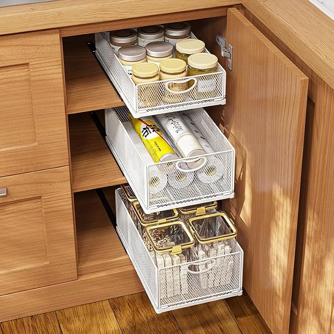 GC Sliding Cabinet Basket Organizer Drawer Self Adhesive Slide out Pantry Shelves Heavy Duty Carbon Steel Slide Cabinet Storage Basket with Handle for Bathroom Kitchen