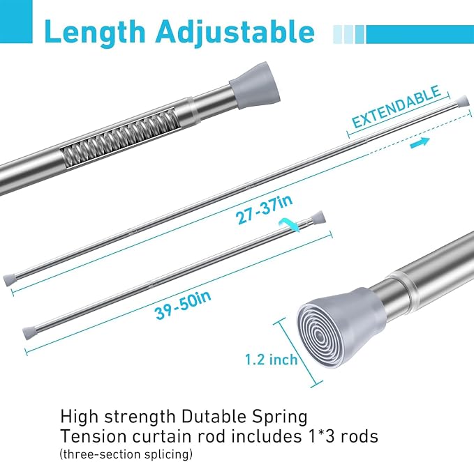 MEXAU Tension Curtain Rod for Windows 27 to 50 Inch，Silver Spring Tension Rods short curtain rod Adjustable Spring Rod Extendable Tension Rod for Kitchen, Bathroom, Window, Bookshelf.