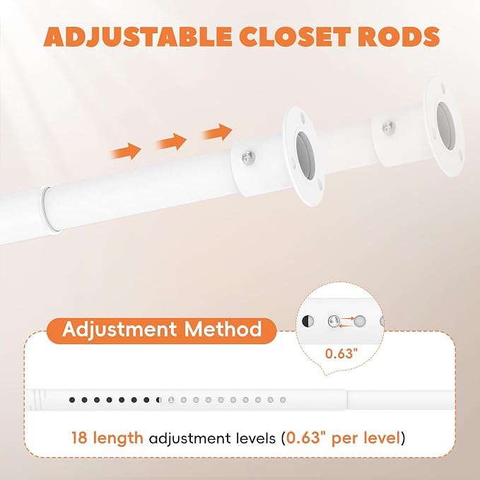 Heavy Duty Closet Rod 17-70 Inches, Adjustable, White | Metal,1.1 Inches Diameter, Suitable for Wardrobes, Laundry