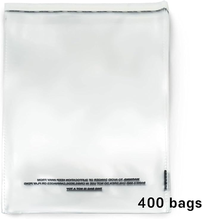 The Elixir Packaging 400 Count 10 x 13 Clear Poly Bag with Suffocation Warning Reclesable Transparent Plastic Tote Backpack Mailer Bag, Food Grade Material, 1.5 Mil Thickness