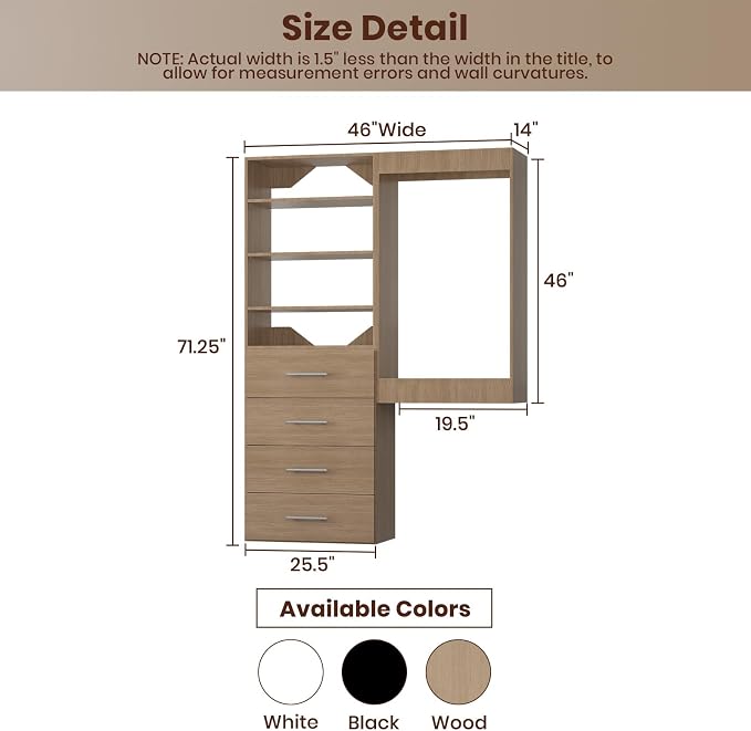 ROOMTEC Modular Closet System, 46" Wall-Mounted Closet Organizer with Drawers and Hanging Rods, Wooden Tower for Walk-In Closets, Wardrobe Storage Kit, Wood