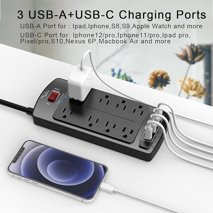 10 Feet Surge Protector Power Strip - Nuetsa Extension Cord with 8 Outlets and 4 USB Ports, Flat Plug, 2700 Joules, for Home, School, College Dorm Room, and Office, ETL Listed, Black