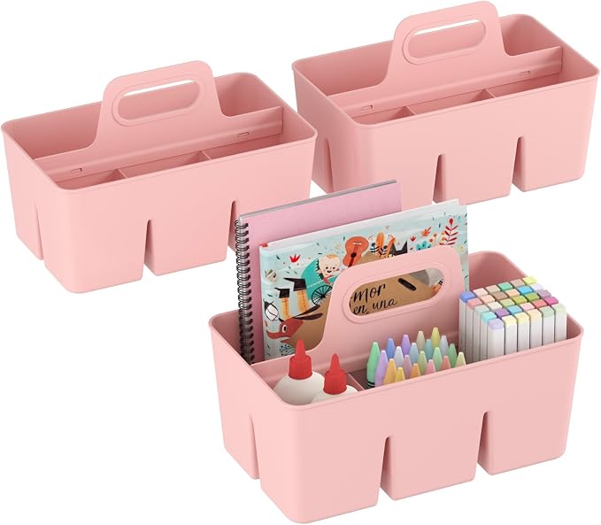 Lifewit 3-Pack Plastic Divided Caddy Organizer with Handle, Portable Art Supply Storage Organizer for Craft Supplies, Cosmetics, Holds Pencil, Crayon, Brushes, Hair Product, Dorm Shower Caddy, Pink