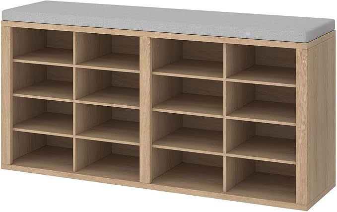 Shoe Storage Bench with Cushion Shoe Rack for Entryway 16 Cubby Multifunctional Organizer Bench Entryway with Soft Sponge Cushion for Hallway Living Room Bedroom (Wood & Light Gray)