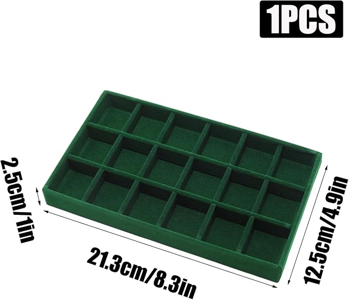 Velvet Jewelry Organizer Trays Dark Green Stackable Jewelry Storage Display Tray with Removable Dividers, 18 Grids