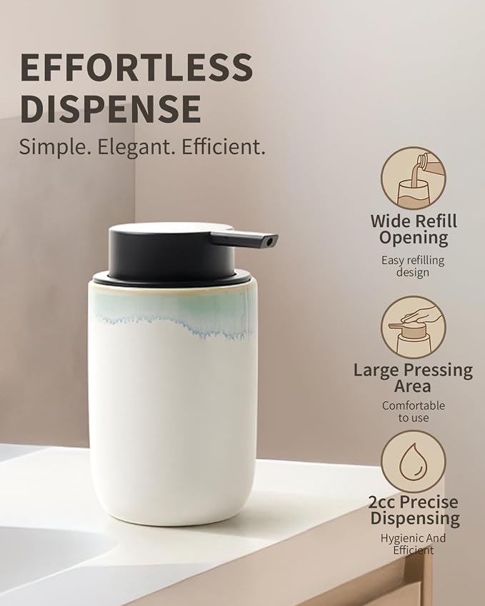 BosilunLife Hand Soap Dispenser for Kitchen, Bathroom Countertop | Foam Soap Dispenser Bathroom Ceramic Dish Liquid Soap Dispenser (White with Blue-Green Rim Liquid Pump)