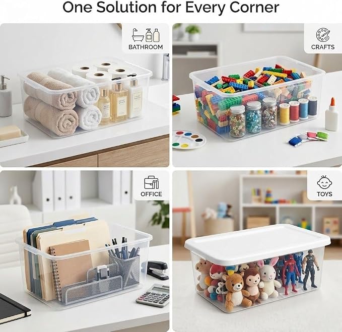 Storage Bins with Lids, 10 Pack 6 Qt Clear Plastic Storage Boxes with Snap On Handles, Stackable Shoe Organizer Containers for Home, Closet, Bedroom, Craft and Toy, White