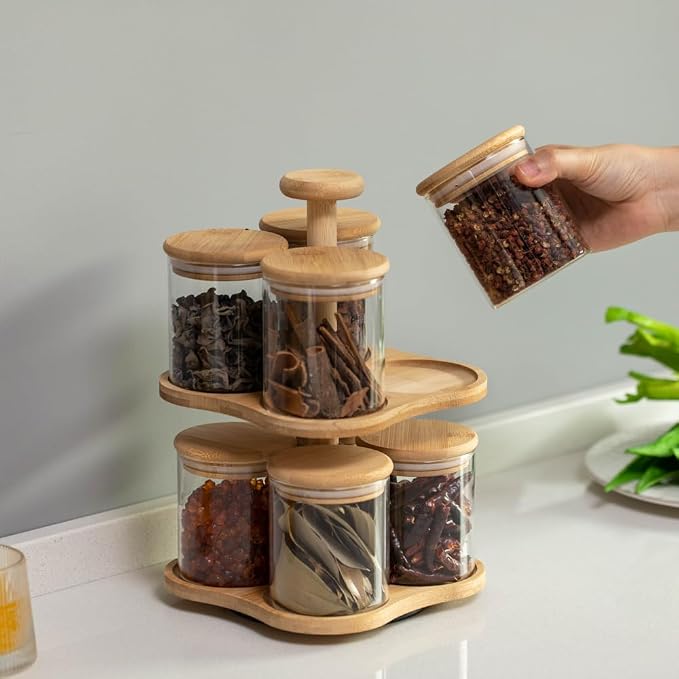 Basicwise Minimalist Two-Tier Bamboo Lazy Susan Turntable with 8 Pcs 12 oz Airtight Lid Glass Jars, Versatile Spice Rack Organizer, Perfect for Kitchen Countertops, Dining Tables, and Pantry Cabinets