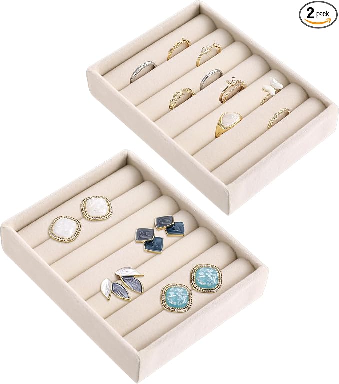 2pcs Ring Holder Display Small Ring Organizer for Jewelry Rings TrayRings Holder Display Tray Velvet Rings Earrings Insert Holders for Girl Store Selling or Home Show Storage Jewelry Box Drawer(Beige)
