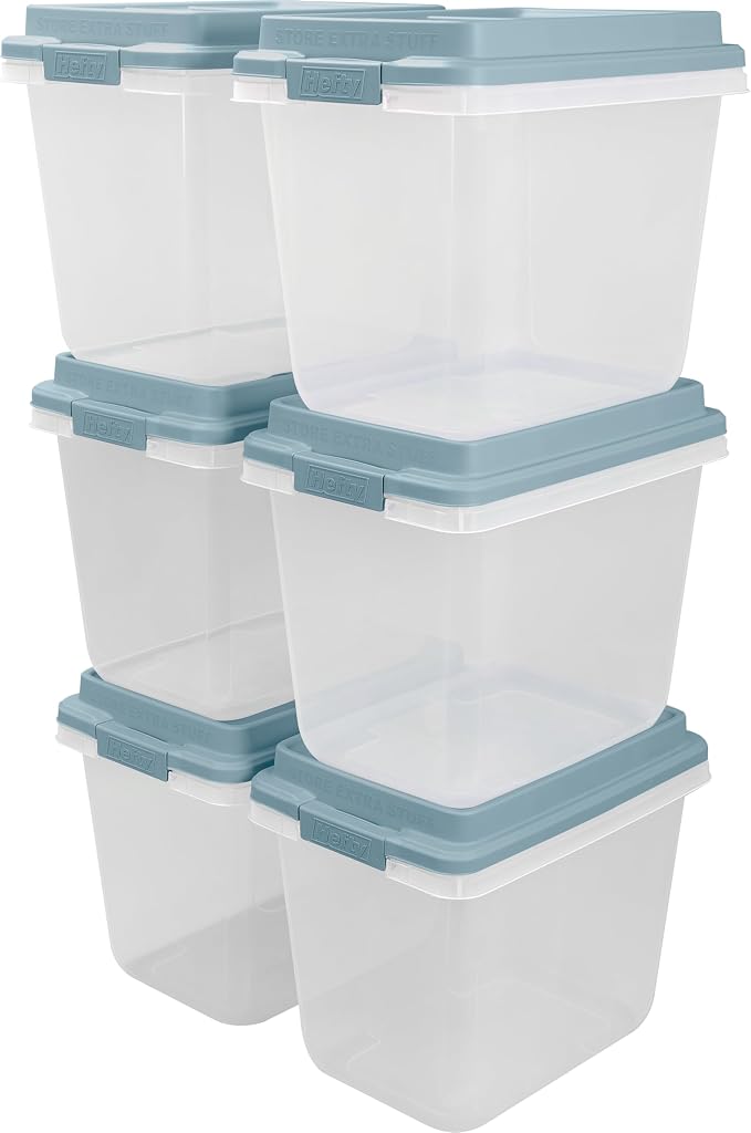 Hefty 6 Pack 32 Quart Lift Off Stackable Plastic Storage Bin and Lid, Smoke Blue