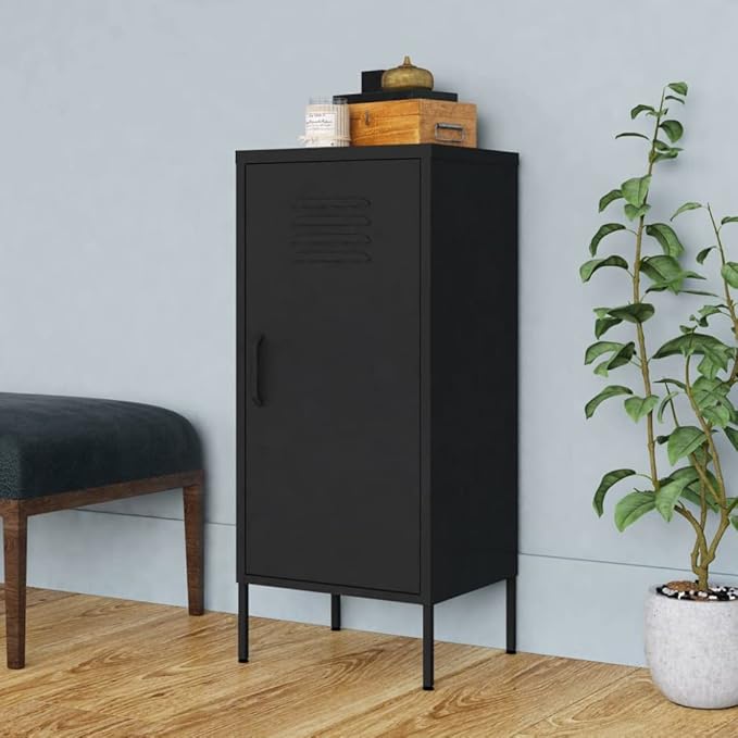 Modern Steel Storage Cabinet with Adjustable Shelves, Spacious Matte Black Design for Living Room or Bedroom Organization, Durable Metal Build for Multimedia and Books