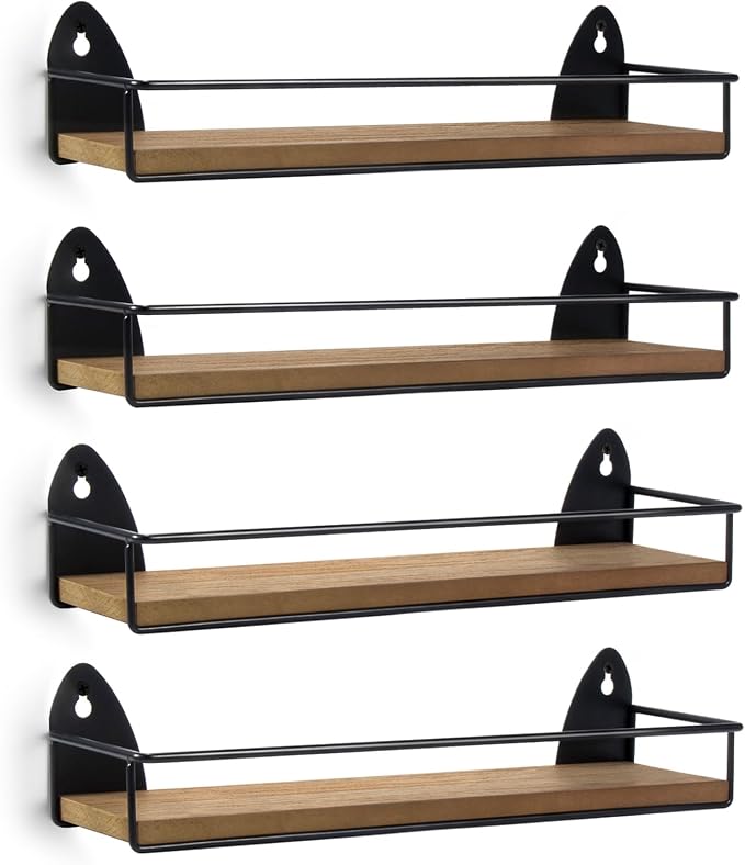 TJ.MOREE 4 Pack Spice Rack Wall Mounted Rustic Style Hanging Spice Organizer for Wall, Kitchen Spice Storage, Black