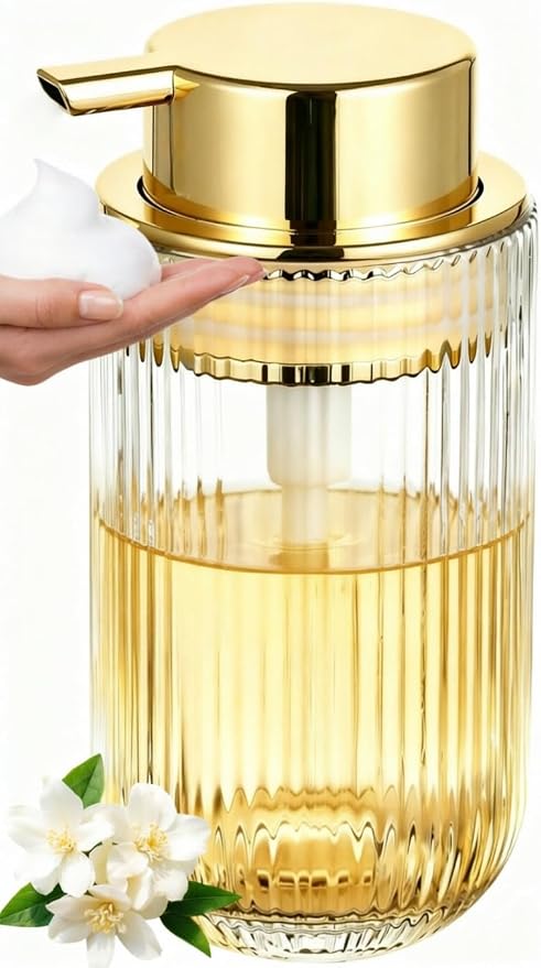 Glass Foaming Soap Dispenser Refillable Foaming Hand Soap Dispenser with Gold Large Pump Wide Opening for Bathroom Kitchen Countertop Modern Home Decor with Elegant Pattern - Clear,415ml
