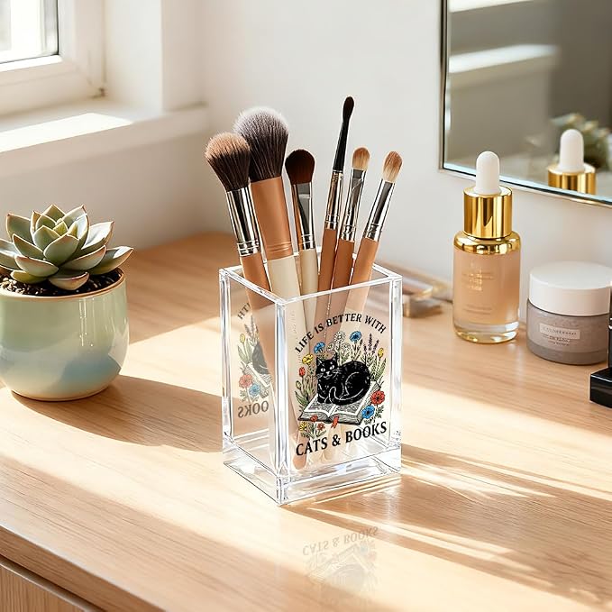Life Is Better With Cats & Books Acrylic Pencil Holder Cup, Funny Floral Cat Books Desk Organizer for Book Lover Bookish Bookworm Reader, Pet Lover Gifts for Mom Sister BFF, Pencil Cup for Desk