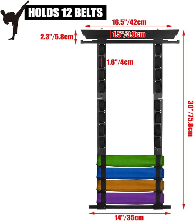 JUXYES Wall Hanging Martial Arts Belts Organizer for 8 12 Belts with Medal Hanger and Stickers, Bamboo Karate Belt Display Holder Rack, Taekwondo Belt Display Holder for Martial Arts Learners