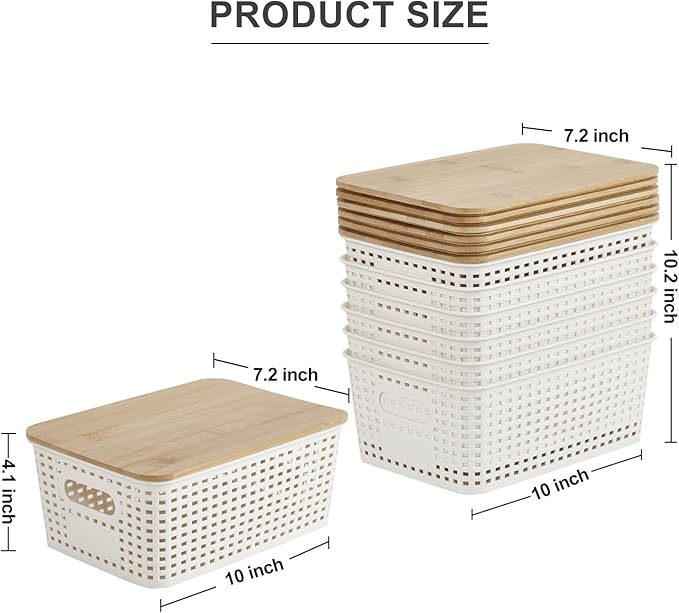 Bagnizer Small Plastic Storage Bins with Bamboo Lids 5.2qt Stackable Box Basket Pantry Decorative Containers Cute with Lable for Organizing Desktop Closet Office Cream White of 6 packs 10*7.2*4.1'’