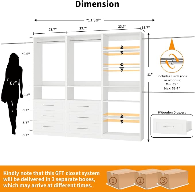 Closet System with 3 Sets, 6FT-15FT Closet Organizer Systems with 6 Wooden Drawers 8 Shelves & 4 Hanging Rods, Walk in Closet freestanding Corner Modular Closet Storage System White (6FT)