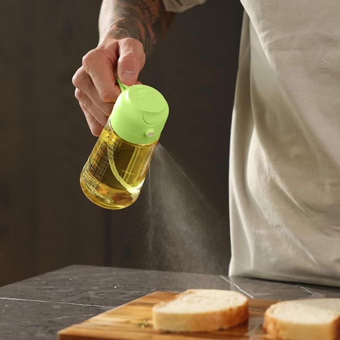 TrendPlain 16oz/470ml Glass Olive Oil Sprayer for Cooking – 2 in 1 Olive Oil Dispenser Bottle for Kitchen Gadgets and Air Fryer Accessories, Salad, BBQ - Green