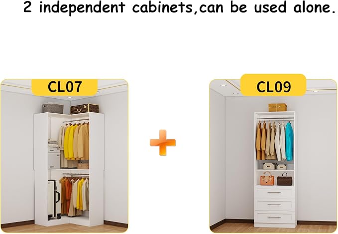 Corner Closet System with 3 Drawers, Closet Organizer,2 Sets,White | 5 Hanging Rods, Heavy Duty Walk in Wooden Modular Storage System, Custom L-Shaped U -Shaped Freestanding 1400+ Lbs Capacity