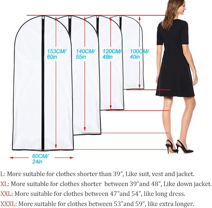 Garment Bags for Hanging Clothes 24'' x 60'' (Set of 6) Coat Covers for Closet Foldable Washable Dress Bags for Hanging Clothes for Long Dress Dance Costumes Suits Gowns Coats