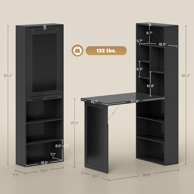 HOMCOM Foldable Convertible Writing Table, Wall Mounted Space-Saving Computer Desk with Chalkboard and Storage Shelves for Small Spaces, Home Office, Bedroom, Dorm, Apartment, Black