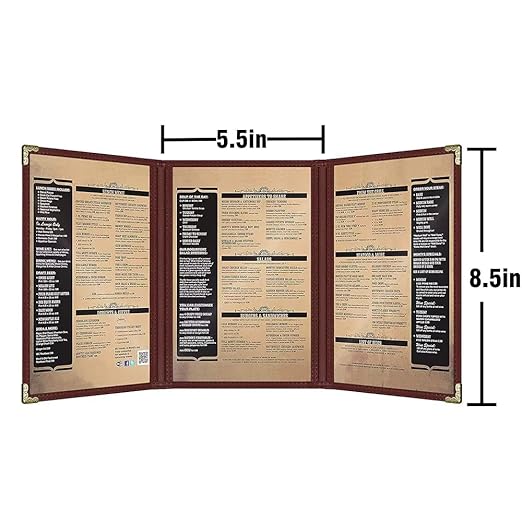 Goodsmart Restaurant Menu Covers – Burgundy, 25 Pack, 6-View Trifold 5.5" x 8.5", Side-Loading Vinyl & Plastic Menu Holders, Clear Menu Sleeves, Leather-Style Café Covers with Gold Corners