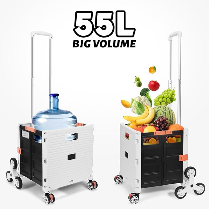 FELICON SELORSS Folding Utility Cart Portable Rolling Crate Handcart with Stair Climbing Wheels&360°Swivel Wheels Telescoping Handle Plastic Box Dolly for Travel Shop Move Office Teacher Use(White)