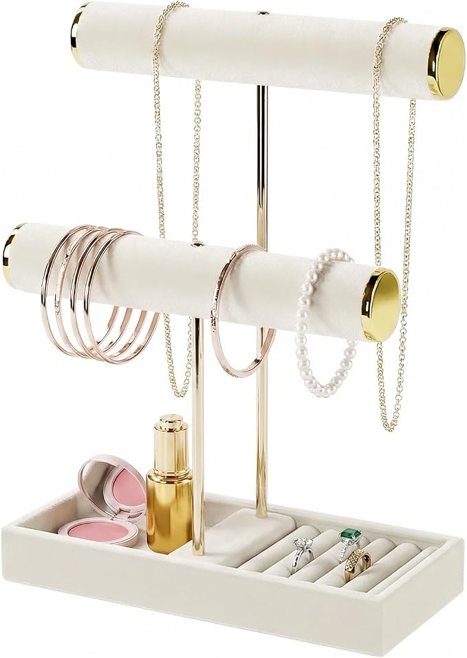2 Tier Jewelry Organizer Stand,Velvet Tabletop Necklace and Bracelet Hanging Organizer Holder for Girls and Women,Large Small Jewelry Storage Display Tree Rack for Vendors,Ring and Watch Hanger(Beige)