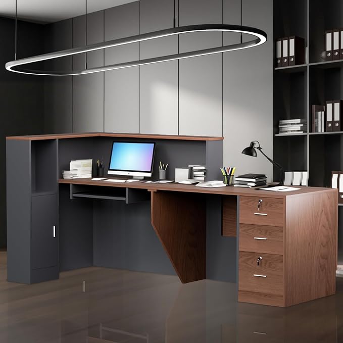 Ceridwen L-Shaped Large Wooden Reception Desk, Modern Front Desk Reception Counter with Lockable Drawers, Storage & Keyboard Tray for Office Lobby Checkout (Left-Brown + Black, 87''L x 42''W x 41''H)