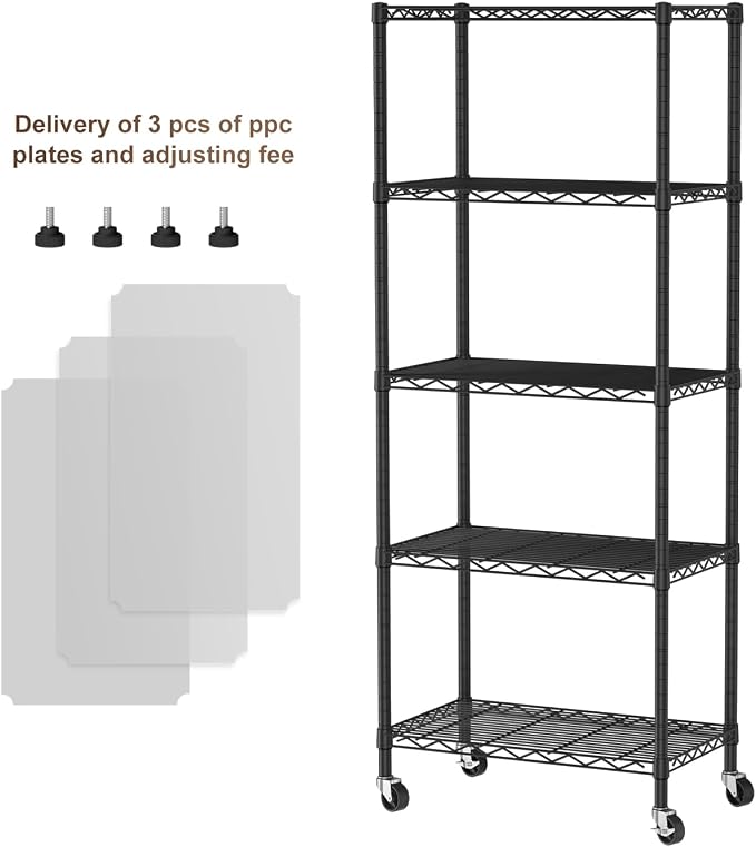 Golpart Shelves Storage Shelf Wire Closet Bathroom Organizers Metal Pantry | 5 tier Kitchen Garage Shelving Unit Laundry Room Organization Home Rack Net Basket Black with Wheels 14”D X 24”W X 61.2”H