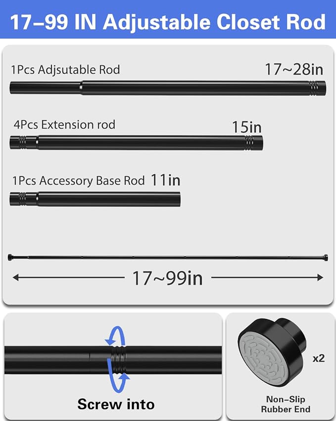 Supforce No Drilling Closet Rods for Hanging Clothes, Non Slip Tension Rod with Heavy Duty Clothes Hanging Rod, 17-99 Inches Adjustable Spring Closet Rod for Closet Wardrobe Bathroom Laundry RV, Black